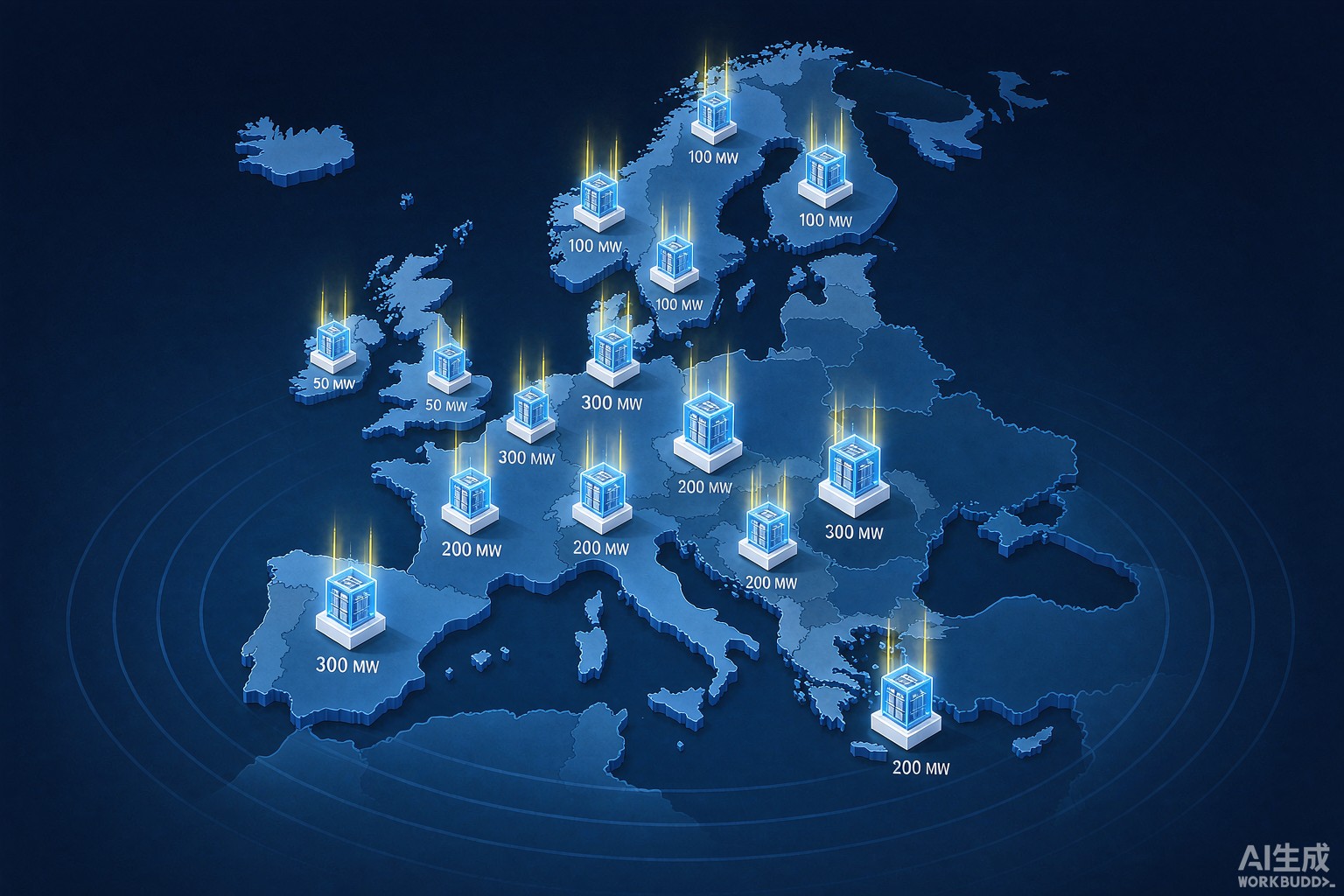 Editorial infographic visualization showing a stylized map of Europe with glowing markers indicating BESS project locations across Poland, Finland, Lithuania, Romania, France, Germany, UK and Greece