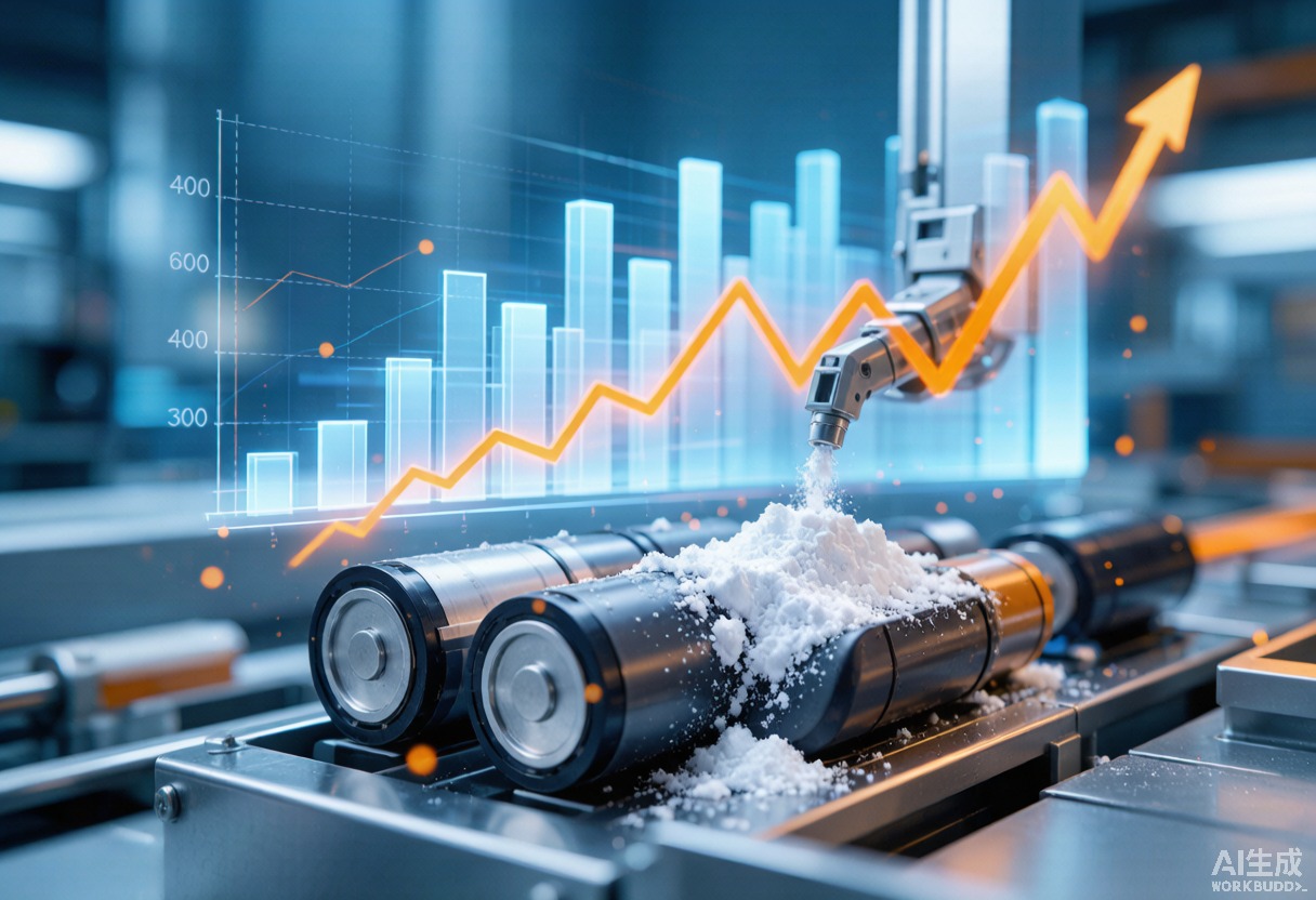 Editorial visualization of battery cell production line with rising lithium price bars in background, white lithium carbonate powder coating the cathode materials