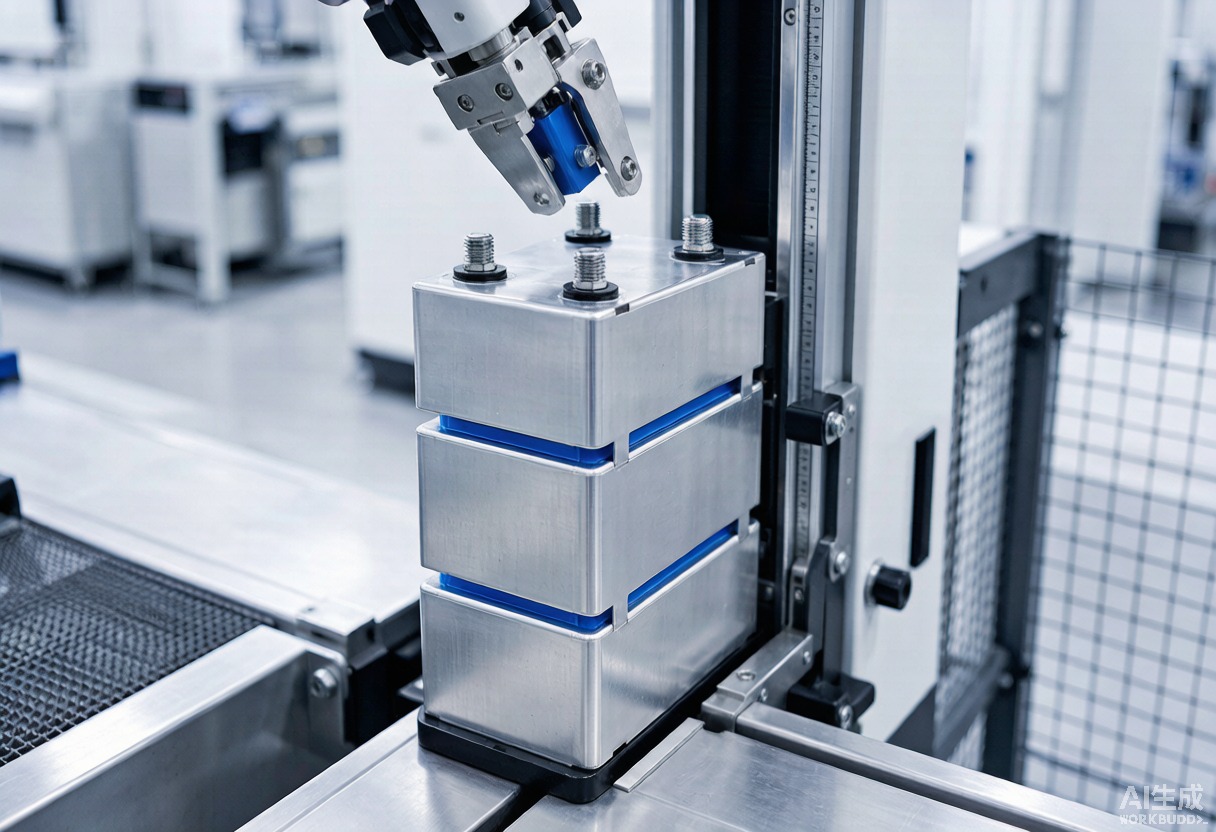Robotic servo stacking machine placing large-format prismatic LFP cells into a battery module
