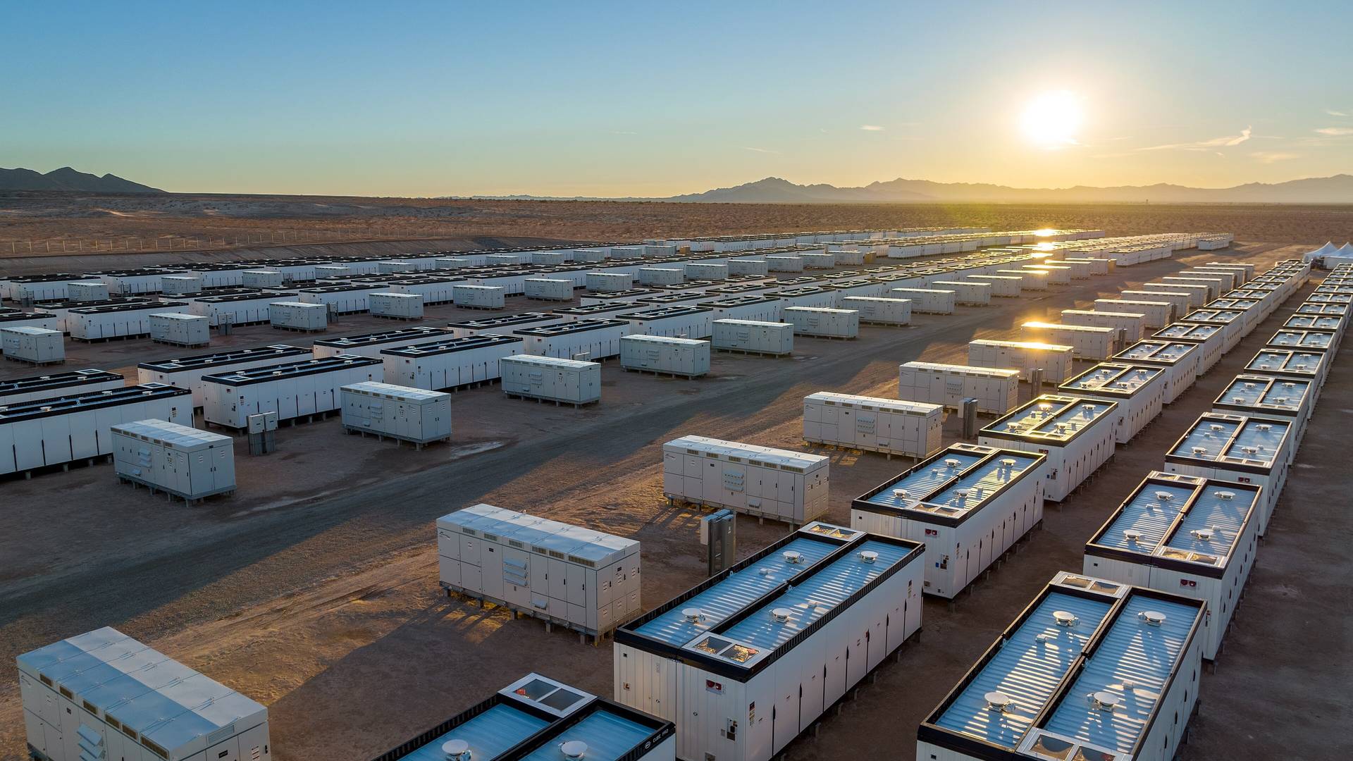 Containerized battery microgrid storage units at the 350 MW Crimson Energy Storage site, California desert